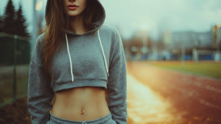 Morning track running showcases health progress with belly visible under a loose hoodie, promoting an active lifestyle in an outdoor setting.の素材