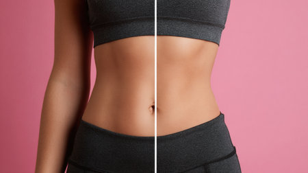 A side-by-side comparison of a belly before and after a workout, highlighting the impact of calories burned.の素材