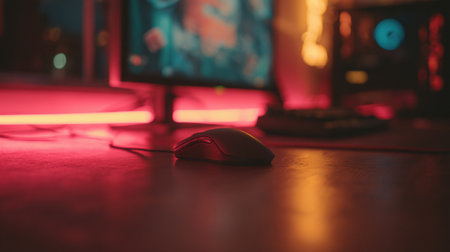 A gaming mouse sits on a neon-lit desk, with a blurred monitor in the background, creating a dynamic atmosphere for gaming.の素材