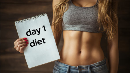 Belly pinch shot next to a notebook featuring day 1 diet motivational notes, encouraging fitness and healthy eating habits.の素材
