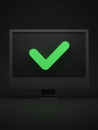 A computer screen shows a vibrant green checkmark, confirming a successful antivirus installation and indicating software protection status.の素材