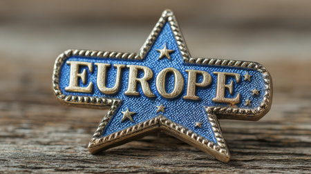 A decorative blue and gold star featuring the word Europe rests on a wooden table, showing regional pride and elegance.の素材