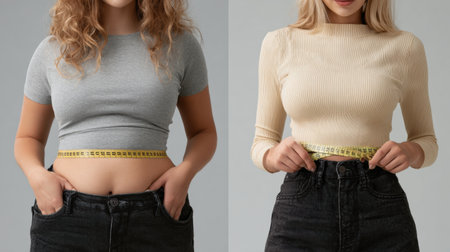 This visual guide shows a belly fat chart alongside real measurements on two women, highlighting belly fat awareness and education.の素材