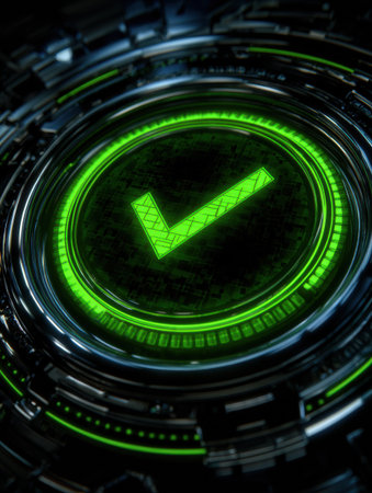 A green checkmark appears on a dark circular background, confirming successful antivirus installation for system protection and security.の素材