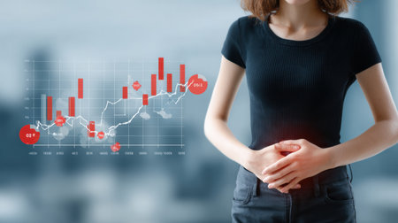 Belly close-up displayed alongside a cholesterol chart graphic highlights the importance of monitoring health stats related to nutritionの素材