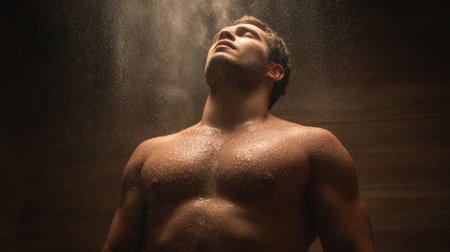 In a warm sauna, a man relaxes as he sweats heavily, focusing on detoxification and weight loss through this calming experience.の素材