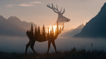 A stunning sunrise breaks behind the silhouette of a deer amid towering mountains, illuminating the serene wilderness at dawn.の素材