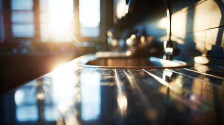 Shiny kitchen countertop reflects bright sunlight with an empty space at center, ready for cleaning next products to blurred sink faucet.の素材
