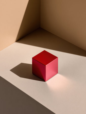 A minimal matte red box rests elegantly on a neutral beige surface, casting soft shadows in a refined composition for a fashion advertisement.の素材