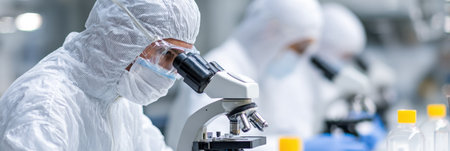 Medical experts wear protective gear while examining viruses through a microscope in a lab, highlighting important disease control actions.の素材