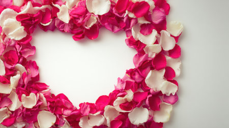 A heart-shaped arrangement of pink and white rose petals frames a blank center, perfect for heartfelt messages on a special occasion.の素材