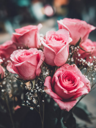 Pink roses arranged in a bouquet with soft edges, creating a romantic setting perfect for expressing love or joy.の素材