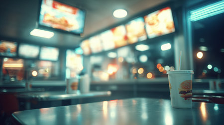 Blurry neon lights illuminate a cozy fast food restaurant while a drink sits on a metal table, highlighting the urban atmosphere.の素材