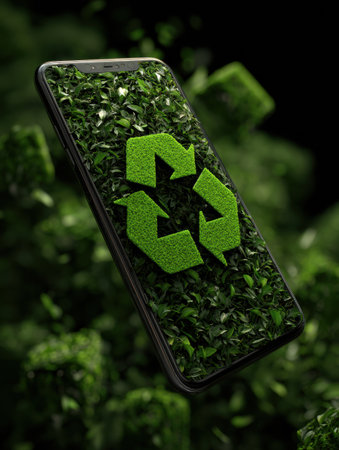 A smartphone shows a green recycling symbol formed from leaves, highlighting a focus on sustainability and eco-conscious technology.の素材