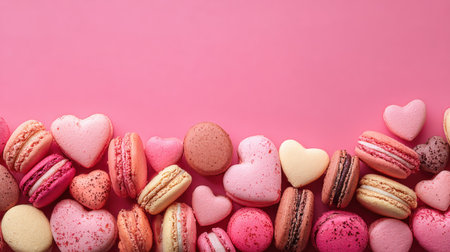 Assorted pink macarons are arranged in a heart shape at the bottom, with a wide, clean space above suitable for personal messages.の素材