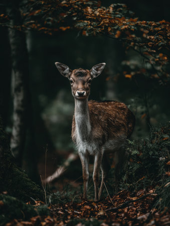A deer stands quietly in a serene forest, with colorful leaves scattered on the ground. The atmosphere feels peaceful and natural.の素材