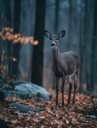 A deer stands in a tranquil forest as autumn leaves cover the ground, capturing natures peaceful beauty in the evening light.の素材