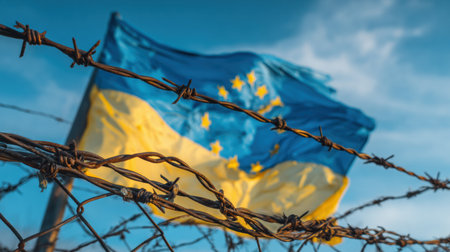 Flag of Europe waves amidst sharp barbed wire, illustrating themes of restriction and separation against a bright sky backdrop.の素材