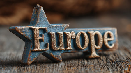 A decorative blue and gold star featuring the word Europe rests on a wooden table in a warm, inviting setting, showcasing its charm.の素材