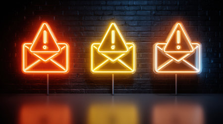 Visual representation of an anti-spam filter featuring three neon email icons signaling alert status against malicious emails in a digital setting.の素材