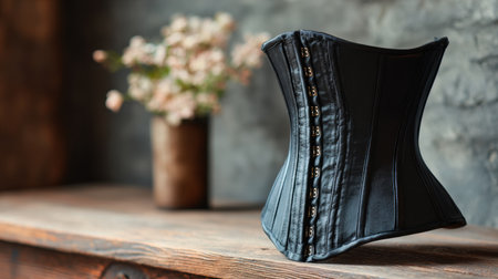 A black waist trainer corset sits on a wooden table, highlighting a common weight loss trend, with a flower vase in the background.の素材