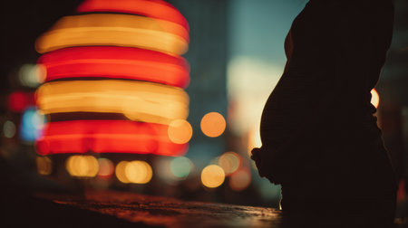 A person is squeezing their belly near a fast food location, with a blurred logo in the background during the evening, evoking temptation.の素材