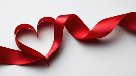 Red ribbon shaped into a heart lies on a clean white surface, offering a clear area ideal for sale headlines or promotional content.の素材