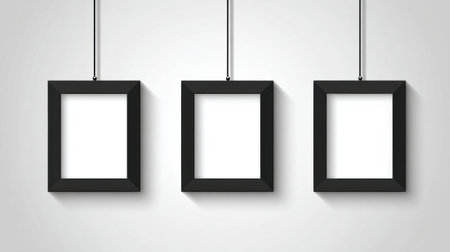 Three black frames hang from a white background. These empty frames can be used to display various memories or artwork in any setting.の素材