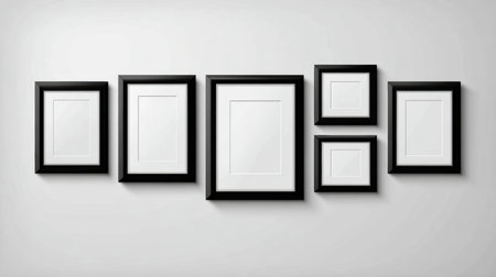 A collection of empty black photo frames arranged on a white background to be filled with personal memories, art pieces, or important moments.の素材