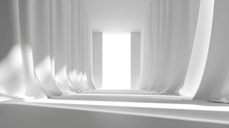 Soft folded curtains create shadows in a white room. Light fills the center space, highlighting the minimalist design and structure.の素材