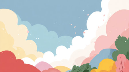 Bright rolling hills display spring colors beneath a clear sky with fluffy clouds drifting lazily. A cheerful scene invites exploration.の素材