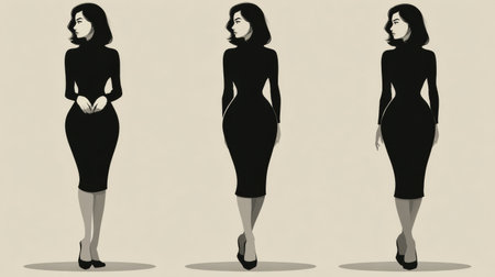 A woman stands in a fitted dress, facing front and side views, addressing issues with body shape and difficulties in fashion choices.の素材