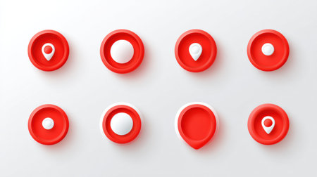 Set of red pin point icons showing map location pointers on a white background designed for use in various projects and applications for navigation.の素材