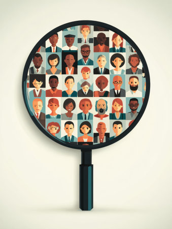 The scene shows a magnifying glass focused on detailed avatars representing diverse job candidates, highlighting the hiring process.の素材