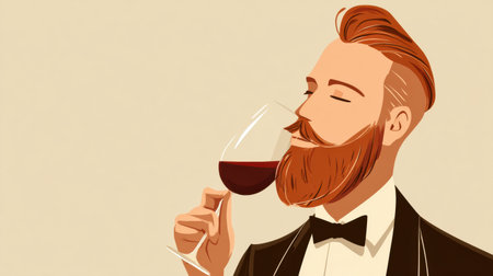 Sommeliers male tastes red wine by holding the glass while reviewing the flavor and quality at a wine tasting event in the evening.の素材