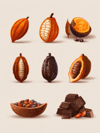 This artwork displays various cocoa icons including cocoa pods, cocoa beans, and chocolate arranged in a neat layout with simple colors.の素材