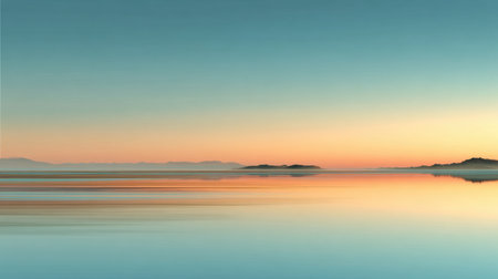 A soft gradient sky blends colors over a smooth lake surface with distant islands and mountains visible during early morning light.の素材