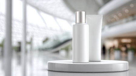 Two skincare bottles placed on a white ceramic podium in a clean space with soft blurring in the background.の素材