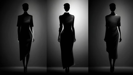 Models walk confidently in tight dresses against a dark background, showing different silhouettes and highlighting fashion challenges.の素材
