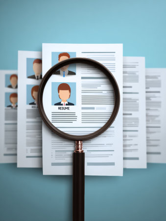 A magnifying glass focuses on a resume showing an avatar as various resumes stack up in the background, highlighting candidate evaluation methods.の素材