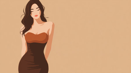 A figure stands with a thoughtful expression, highlighting body shape challenges while wearing a fitted dress in a simple space.の素材