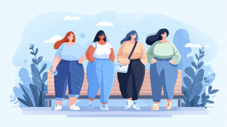 Group of plus size models stroll together on a city path, each wearing different casual outfits and sharing their fashion experiences openly.の素材