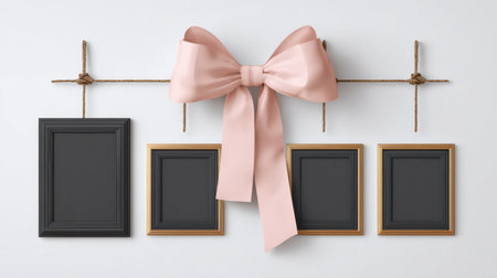 Set of black frames is displayed on a white background, with a bow above, ready for you to fill with your memories or photos.の素材