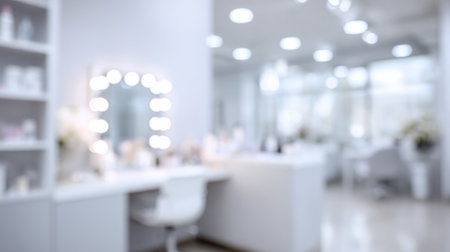 A dermatologist office is shown with a blurred background of a sterile table and a center copy zone, creating a space for skincare services.の素材