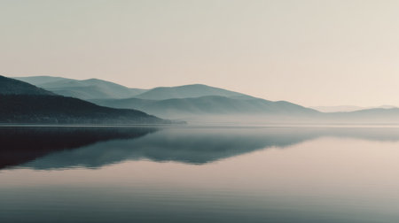 A smooth lake stretches across the view with a soft sky above. Dusk brings reflection of mountains on water surface.の素材