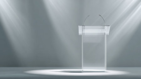 A translucent acrylic podium stands alone in a minimal space. Light gradients surround it, creating a focus point for a presentation or event.の素材
