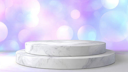 A white marble podium sits in the center surrounded by a soft pastel gradient, perfect for displaying beauty items in a modern setting.の素材