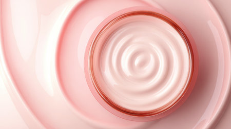 A round container with a smooth cream is placed on a pastel background. The colors blend into soft shades of pink.の素材