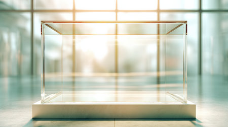 A glass podium stands in a bright area with soft sunlight reflections and a blurred background. Space is clear and ready for use.の素材