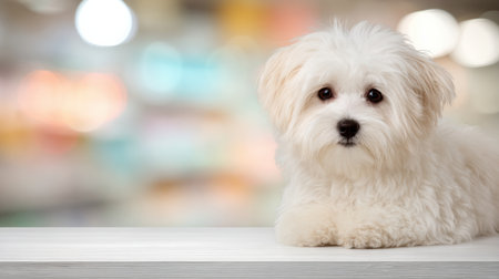A small dog rests on a white podium while veterinarian shampoo is promoted in a blurred pet grooming background. Bright colors add to the atmosphere.の素材